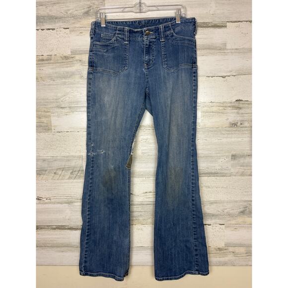 London Jeans Women's 12 patchwork boho blue flare denim distressed zip - Picture 1 of 8